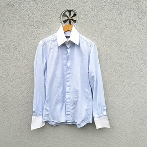 Vintage LAGERFELD Cuff Shirt: Men&#39;s Pale Blue High Collar, Size 41