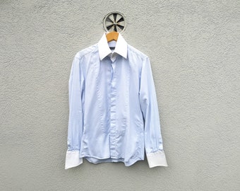 Vintage LAGERFELD overhemd heren manchet maat 41 - klassiek formeel - lichtblauw wit - hoge kraag - lange mouw - katoenen overshirt