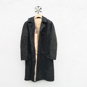 Vintage 70s Mens Black Faux Suede Leather Coat  - Sherpa Shearling - Size Medium