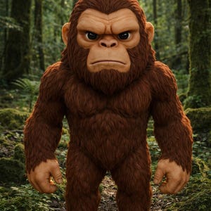 Puede incluir: Imagen de cuerpo entero de una criatura Bigfoot marrón y peluda de pie en un bosque. La criatura tiene una expresión seria, con una frente grande y una barba espesa. El fondo es un exuberante bosque verde.