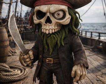 Piratskelett STL-fil | Chibi piratskallefigur | Spöklik pirat 3D-utskrift STL | Halloweenpiratdekor | Bordsfigur STL