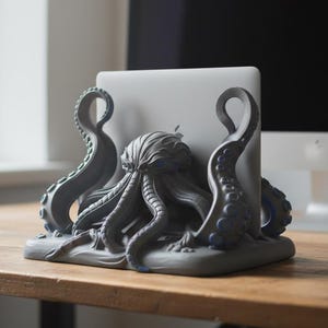 May include: Gray octopus-shaped desk organizer holding a silver laptop. The octopus has detailed tentacles and a textured body. The organizer sits on a wooden desk, with a computer monitor in the background.