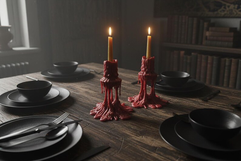 May include: A dimly lit dining table set for a meal. Two lit candles in red, dripped-wax holders are the focal point. Black plates, bowls, and silverware are arranged on the wooden table. A bookshelf is in the background.
