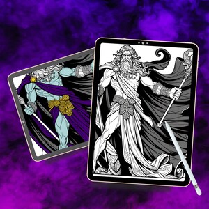 May include: A digital illustration of Hades, the Greek god of the underworld, on a tablet screen. The illustration is in black and white, with a purple and blue background. The text "HADES" is below the tablet, with the words "JPG | PDF" below that.