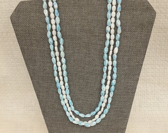 Vintage Blue and White Glass Bead Necklace Three Strand Gold Tone Accents 21 Inches Collectible Jewelry