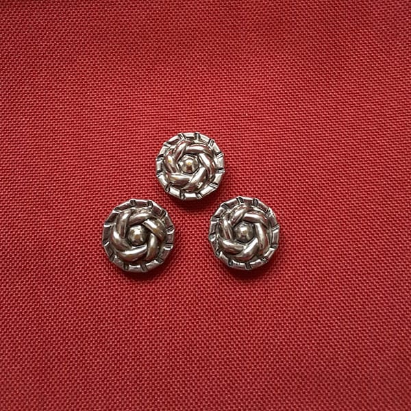 Vintage Floral Basket Weave Look Buttons Set of 3 Silver Tone 3/4 Inch Collectible Sewing Crafting Notions