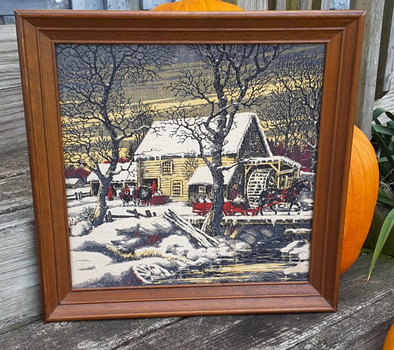 Vintage Kaydee Linen Print Framed Winter Scene Water Wheel Image 0