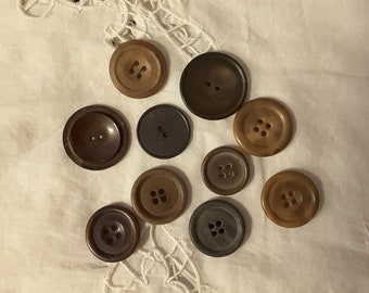 Vintage Coat or Jacket Buttons Mixed Sizes Lot of 10 Brown Beige and Gray Collectible Sewing Notions Crafting Clothing Repair