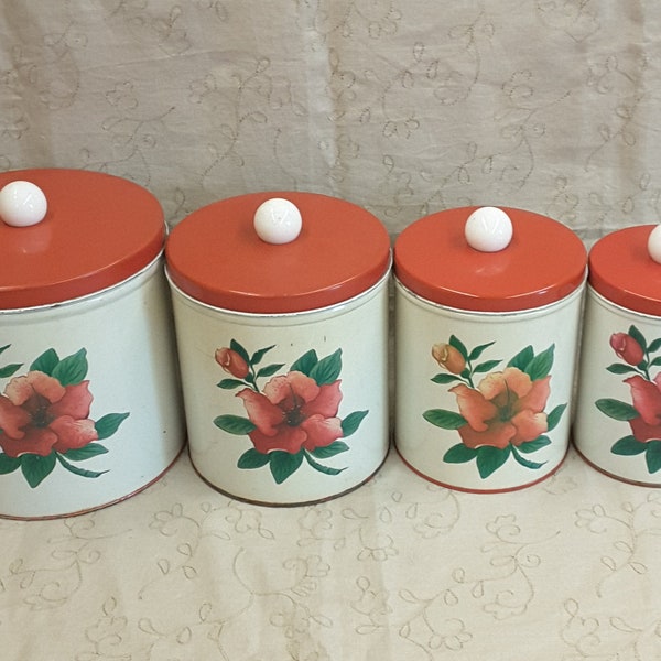 Vintage Metal Kitchen Nesting Canister Set Red and White National Can Corp. Floral Canisters Set of 4 Kitchen Decor Storage Shabby Chic