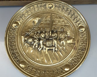 Vintage Brass Charger Wall Plate Colonial Ship Scene 14 Inch Collectible Wall Art Brass Decor