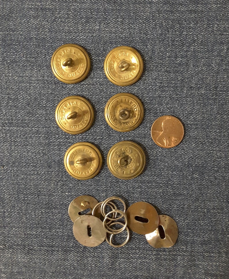 Buss Vintage Antique Metal Shanked Round Brass Jacket Buttons Superior Quality and I NYC Collectible Old Buttons