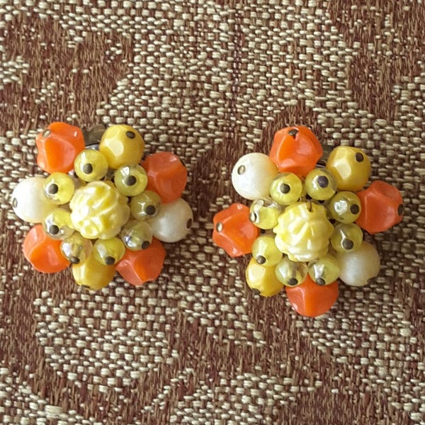 Vintage TRICOLOR Beaded Clip Earring Signed WESTERN GERMANY 1950s Collectible Clip Earring