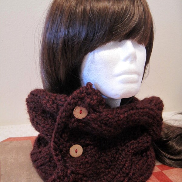 Columbus Day sale/winter gift-Knit Cowl Scarf Chunky Knitted--dark marron-Cowl with coconut buttons--unisex Knit Cowl /neck Warmers / Scarf