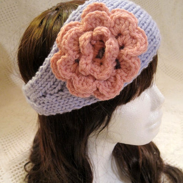 Columbus Day sale--knit and Crochet flower Ear Warmer, Handmade Accessory in blue and pink,  Headband./ Headwrap/ fall fashion/ winter