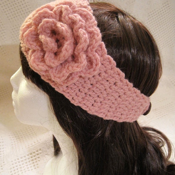 Columbus Day sale--winter gift---Crochet flower Ear Warmer in sandy rose, Crochet Headband./ Headwrap/ fall fashion/ winter/ women