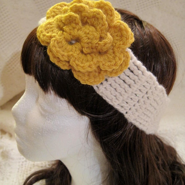 Columbus Day sale--winter gift--Crochet flower Ear Warmer / Accessory in white and vivid yellow, Crochet Headband./ Headwrap/ fall fashion