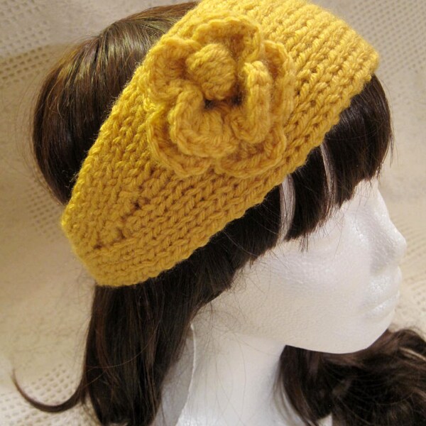 Columbus Day sale/winter gift--Knit flower Ear Warmer  in vivid yellow, knit and Crochet Accessory/ Headband/ Headwrap/fall fashion