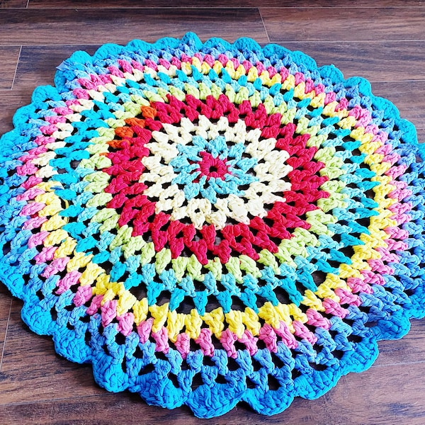 Columbus Day sale/winter gift--Hand Crochet rug/rag rug/shabby, boho, /recycled materials. Eco friendly.