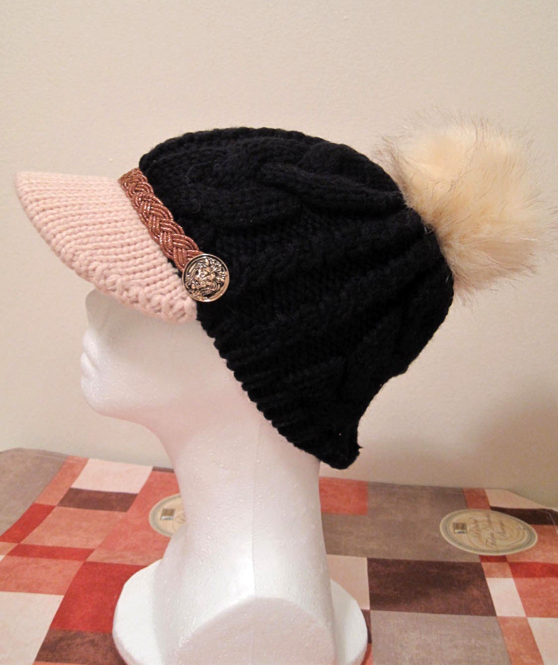 Cable Knit Unisex Newsboy Pom Pom Hat in Black and White Very Etsy UK