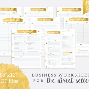 May include: A collection of printable business worksheets for direct sellers, featuring gold foil-style brushstroke headers and gold confetti accents. The pages include trackers for post schedules, birthdays, expenses, party planning, and consultant information.