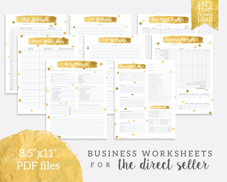 May include: A collection of printable business worksheets for direct sellers, featuring gold foil-style brushstroke headers and gold confetti accents. The pages include trackers for post schedules, birthdays, expenses, party planning, and consultant information.