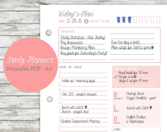 May include: A white daily planner printable PDF page with pink accents. The header reads Today's Plan with a date section, a to-do list, an hour-by-hour schedule from 5 to 6, a goals section, and meal tracking for breakfast, lunch, and dinner.