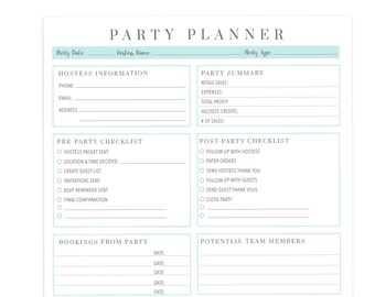 May include: A white party planner sheet with light blue borders and grey text. Sections include Party Date, Hostess Name, Party Type, Hostess Information, Party Summary, Pre-Party Checklist, Post-Party Checklist, Bookings From Party, and Potential Team Members.