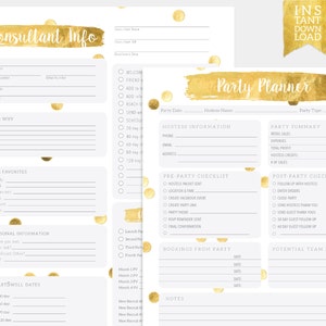 May include: A printable planner set featuring gold brushstroke headers labeled Consultant Info and Party Planner. The white pages include sections for contact details, checklists, and party summaries, decorated with scattered gold confetti dots.