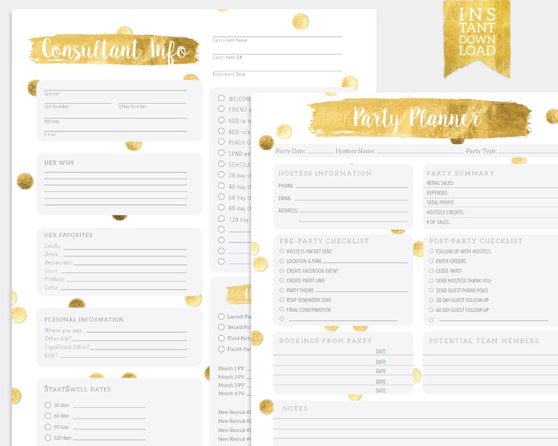May include: A printable planner set featuring gold brushstroke headers labeled Consultant Info and Party Planner. The white pages include sections for contact details, checklists, and party summaries, decorated with scattered gold confetti dots.