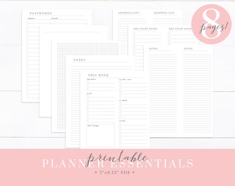 May include: A set of eight printable planner pages featuring black text on white paper. The sheets include sections for passwords, shopping lists, notes, and a weekly schedule labeled This Week with checkboxes for tasks, calls, emails, and items to buy.