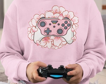 Sakura Controller Gaming Unisex Hoodie- Japanese Cherry Blossom Kawaii Sweatshirt for Console and PC Gamers, Girl Gamers and Magical Girls