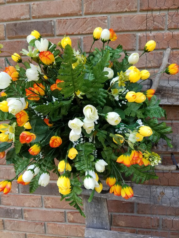 Spring or Easter Cemetery Flowers for Headstone and Grave Decoration-Yellow Peony and Lily Mix Saddle