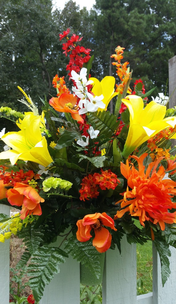 Fall Cemetery Monument Vase Beautiful Lilies Bush Yellow Etsy