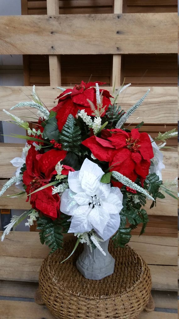 Christmas Cemetery Vase Velvet Red Poinsettias And White Etsy