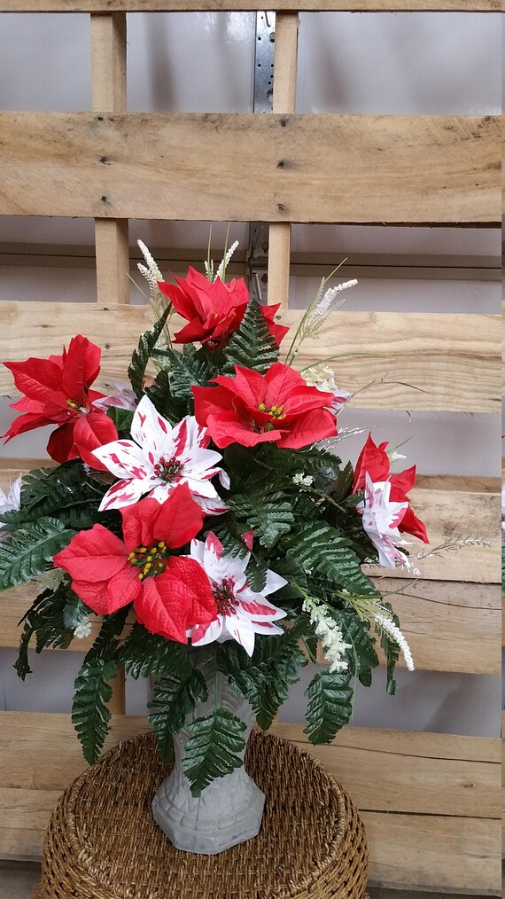 Christmas Cemetery Vase Poinsettias Red And Red And White Etsy