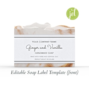 Könnte beinhalten: Editierbare Seifen-Etikettenvorlage mit weißem Hintergrund und braunem und weißem Marmormuster. Der Text lautet "YOUR COMPANY NAME Ginger and Vanilla HANDMADE SOAP MADE WITH HERBS AND ESSENTIAL OILS PRODUCT WEIGHT OR VOLUME".