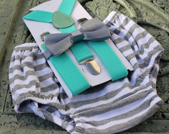 1st Birthday boy cake smash Outfit Bow tie bloomers Suspenders Gray stripe mint, boy outfit,bloomers,diaper cover