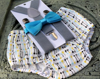 1st Birthday boy cake smash bow tie suspenders outfit 12 mo yellow blue yellow arrows, boy outfit,bloomers,diaper cover