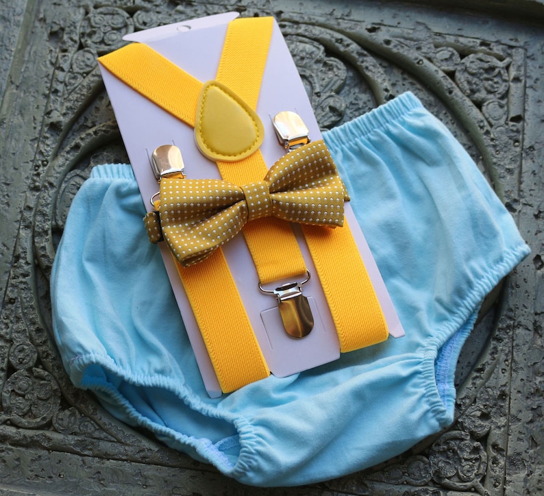 1st Birthday boy cake smash bow tie suspenders outfit blue yellow