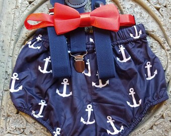 Navy anchor Smash Cake Outfit Boy First Birthday  Diaper Cover, navy Suspenders and red bow tie 1st Birthday Photoshoot