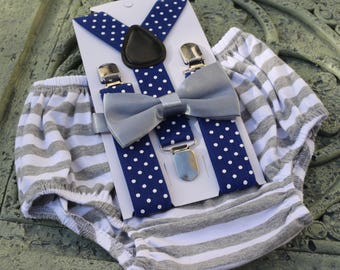 1st Birthday boy cake smash Outfit Bow tie bloomers Suspenders Gray Royal polka, boy outfit,bloomers,diaper cover