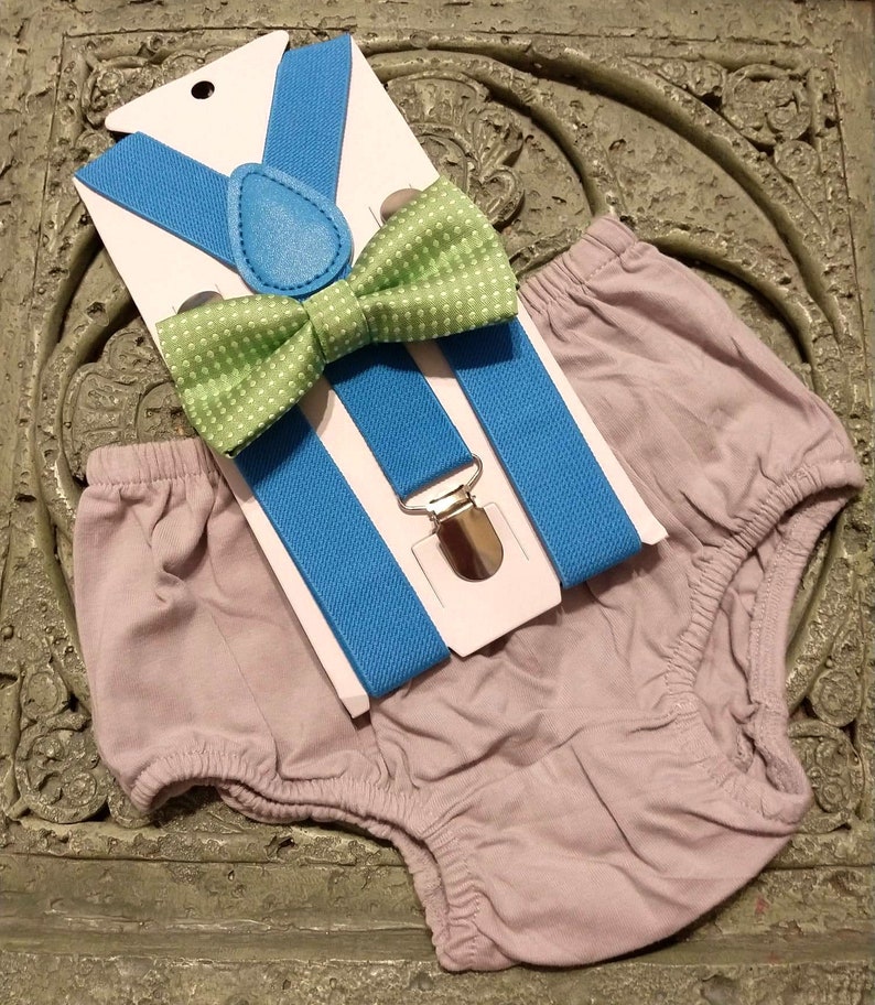 1st Birthday boy cake smash bow tie suspenders outfit 6m-24 mo Light gray blue boy outfit,bloomers,diaper cover lime green