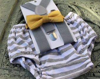 1st Birthday boy cake smash Outfit Bow tie bloomers Suspenders Gray stripe gold, boy outfit,bloomers,diaper cover