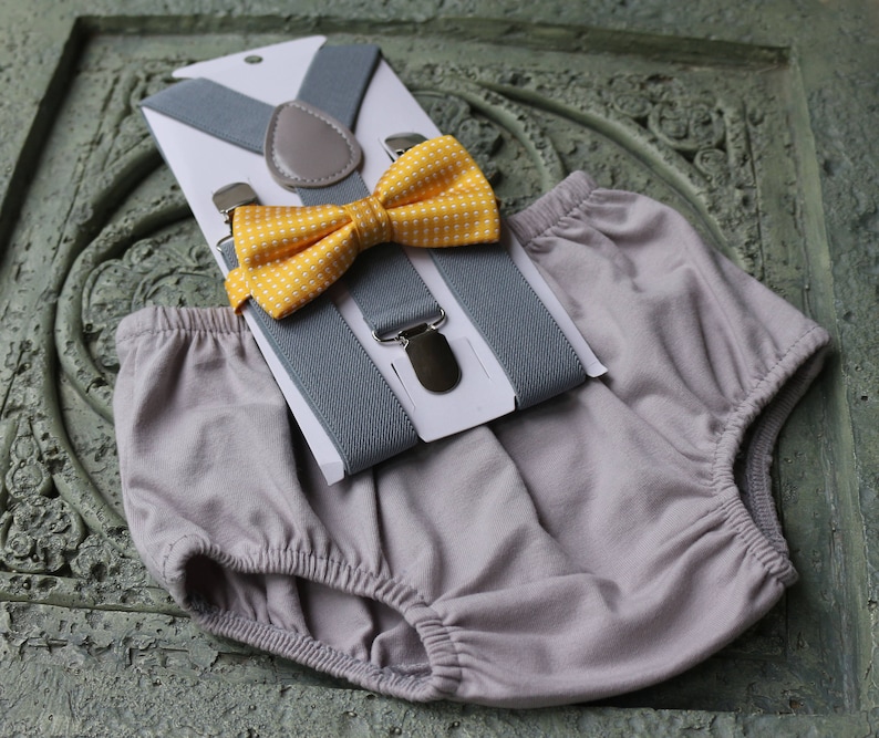 1st Birthday boy cake smash diaper cover bow tie boy clothes light blue yellow
