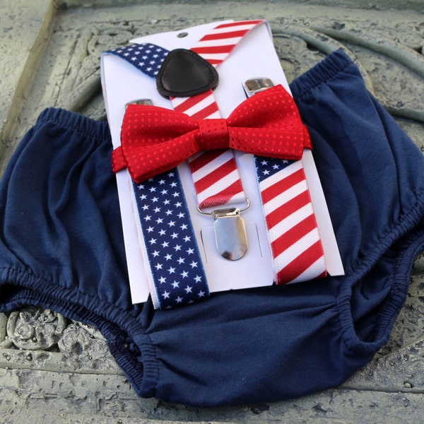 1st Birthday boy cake smash Outfit Bow tie bloomers Suspenders Navy blue US flag, boy outfit,bloomers,diaper cover