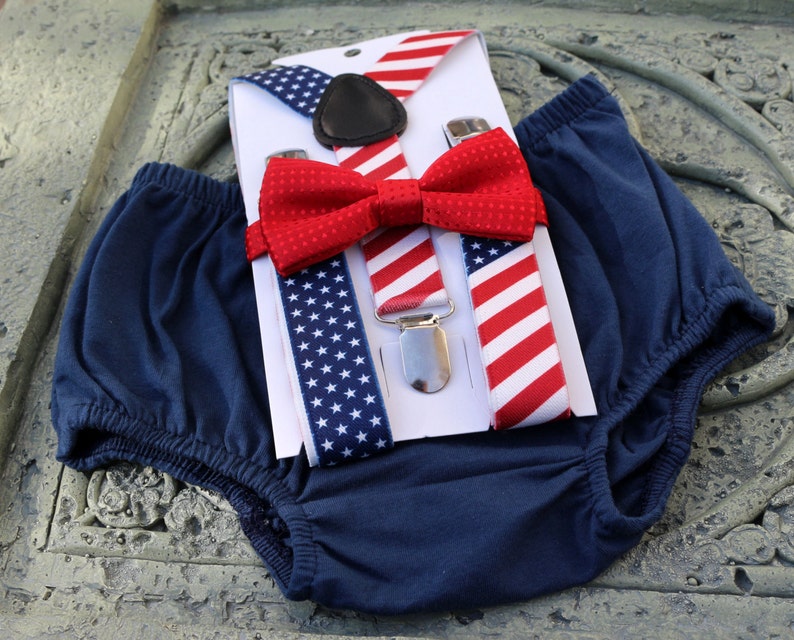 1st Birthday boy cake smash Outfit Bow tie bloomers Suspenders Navy blue US flag, boy outfit,bloomers,diaper cover image 1