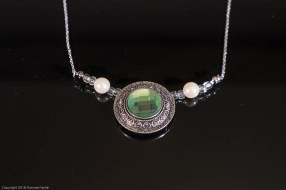 Pale Emerald Color Pendant framed by Faux Pearls