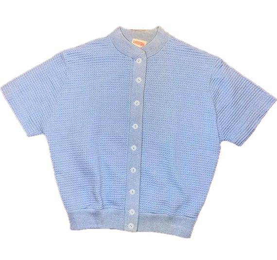 Vintage Late 60s/70s Smartee Periwinkle Knit Short Sleeve Retro Button Up Cardigan