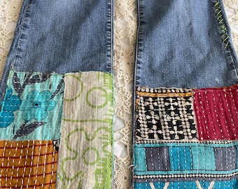 Vaqueros Levis Boho vintage reciclados con patchwork Kantha, OOAK, 7 M