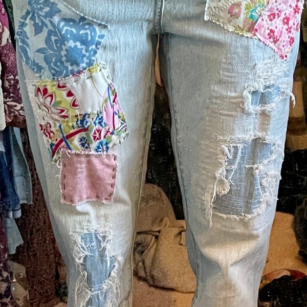 Patchwork Upcycled Vintage Jeans Boho Adorable OOAK 4